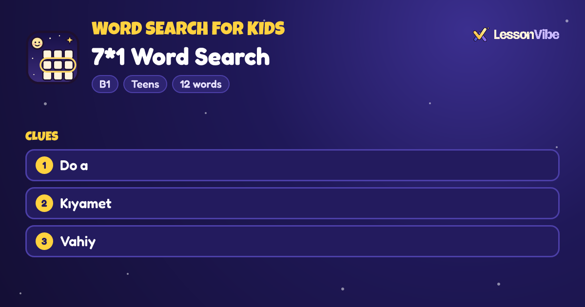 Word Search for Kids: 7*1 Word Search (B1, Teens, 12 words)