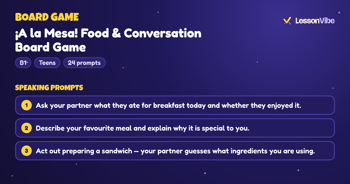 Board Game: ¡A la Mesa! Food & Conversation Board Game (B1, Teens, 24 prompts)