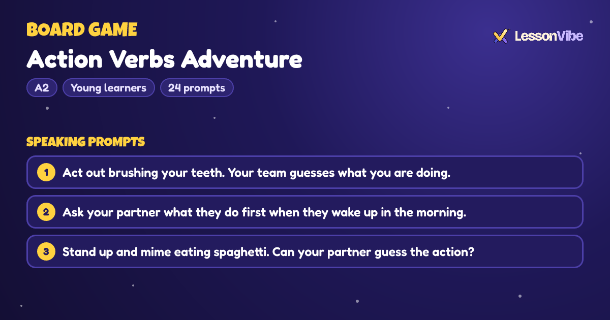 Board Game: Action Verbs Adventure (A2, Young learners, 24 prompts)