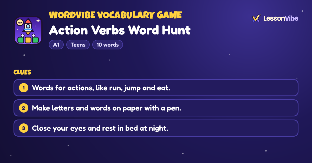 WordVibe Vocabulary Game: Action Verbs Word Hunt (A1, Teens, 10 words)