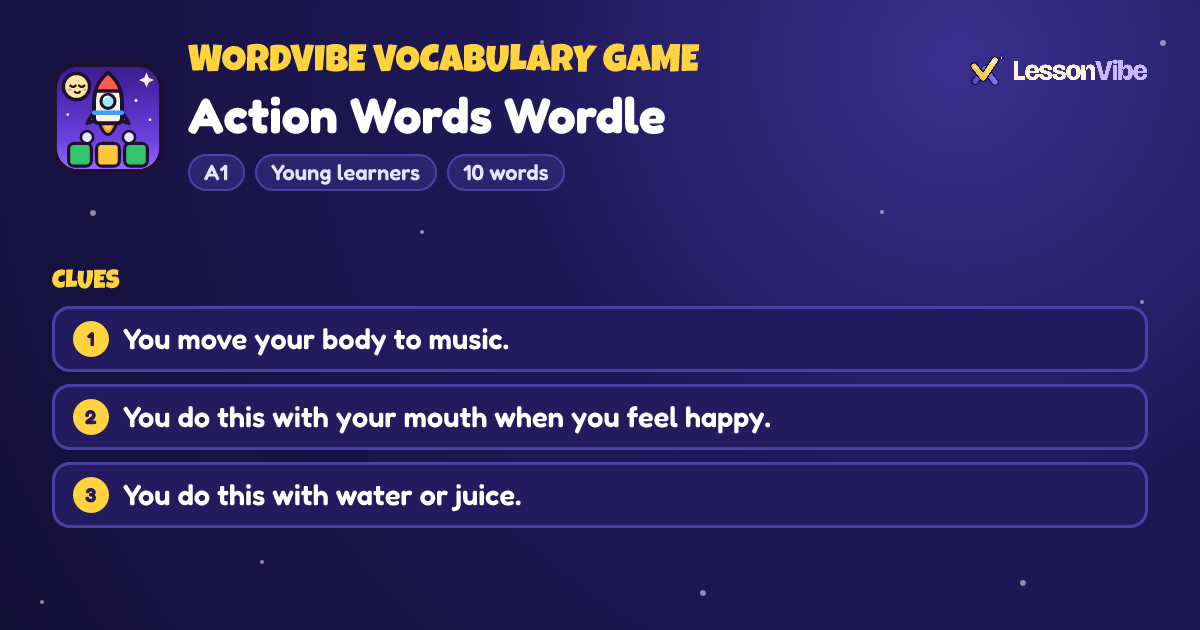 WordVibe Vocabulary Game: Action Words Wordle (A1, Young learners, 10 words)