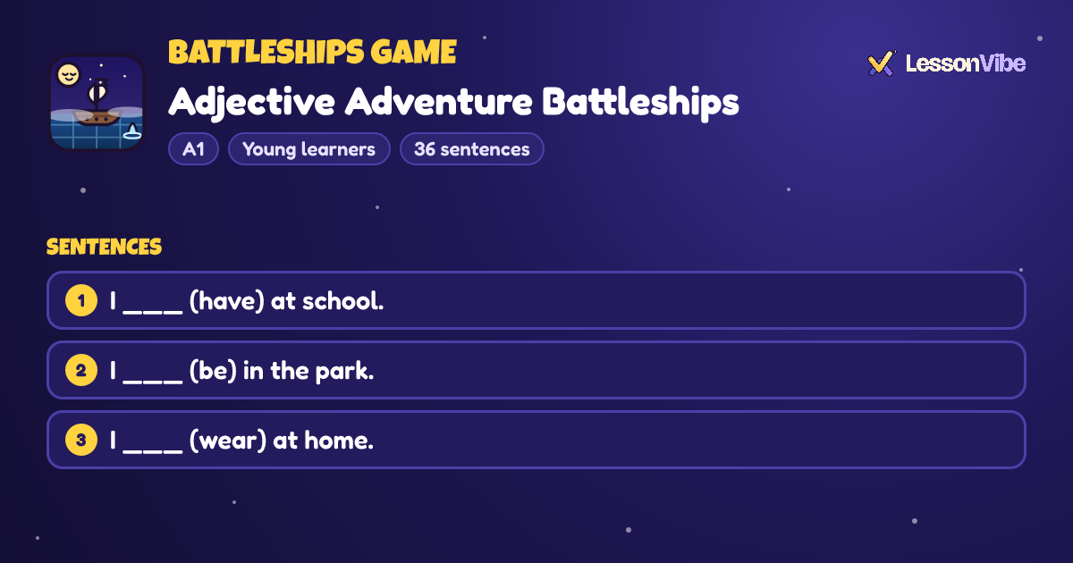Battleships Game: Adjective Adventure Battleships (A1, Young learners, 36 sentences)