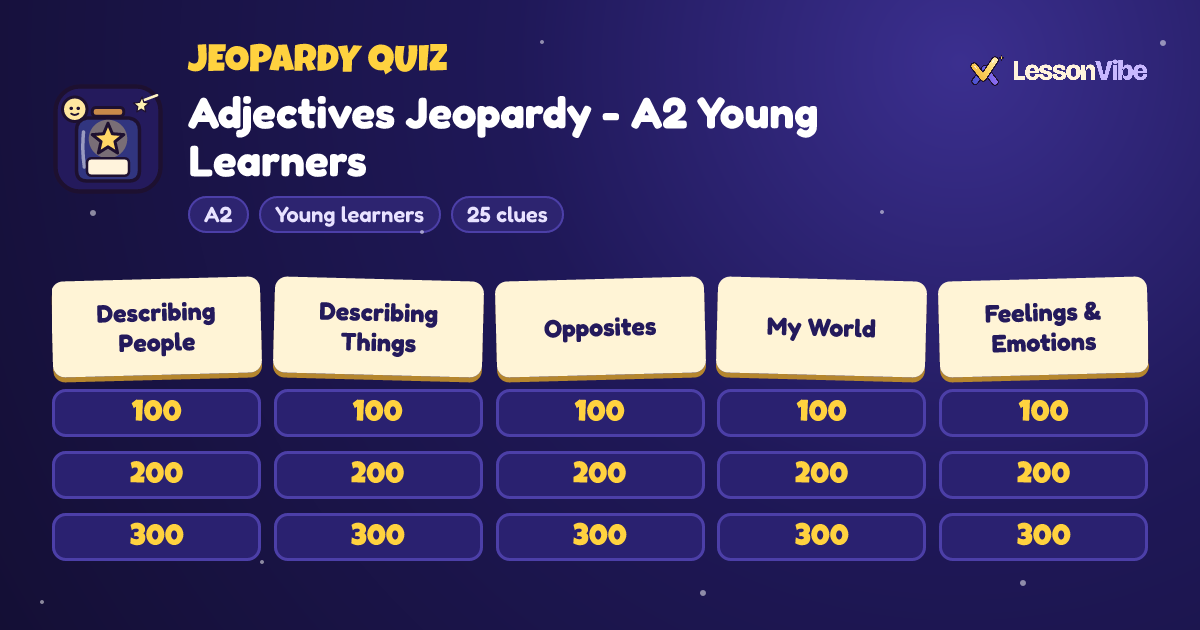Jeopardy Quiz: Adjectives Jeopardy - A2 Young Learners (A2, Young learners, 25 clues)
