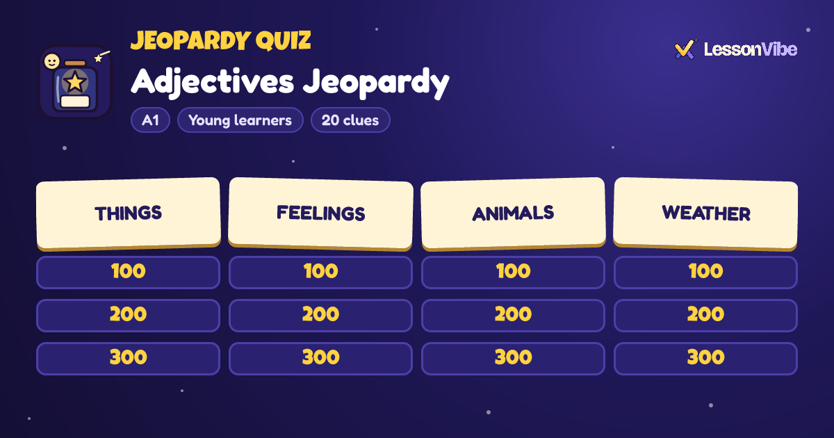 Jeopardy Quiz: Adjectives Jeopardy (A1, Young learners, 20 clues)