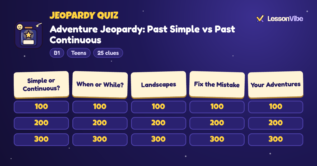 Jeopardy Quiz: Adventure Jeopardy: Past Simple vs Past Continuous (B1, Teens, 25 clues)
