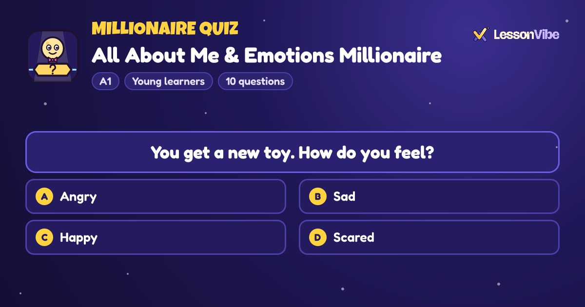 Millionaire Quiz: All About Me & Emotions Millionaire (A1, Young learners, 10 questions)