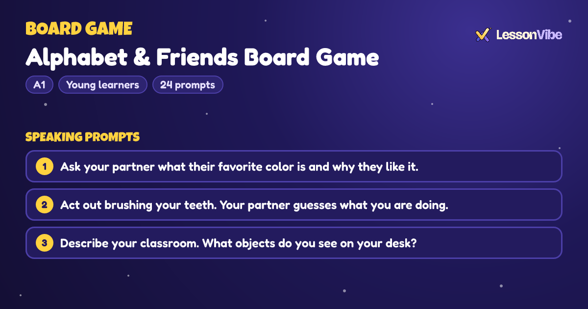 Board Game: Alphabet & Friends Board Game (A1, Young learners, 24 prompts)
