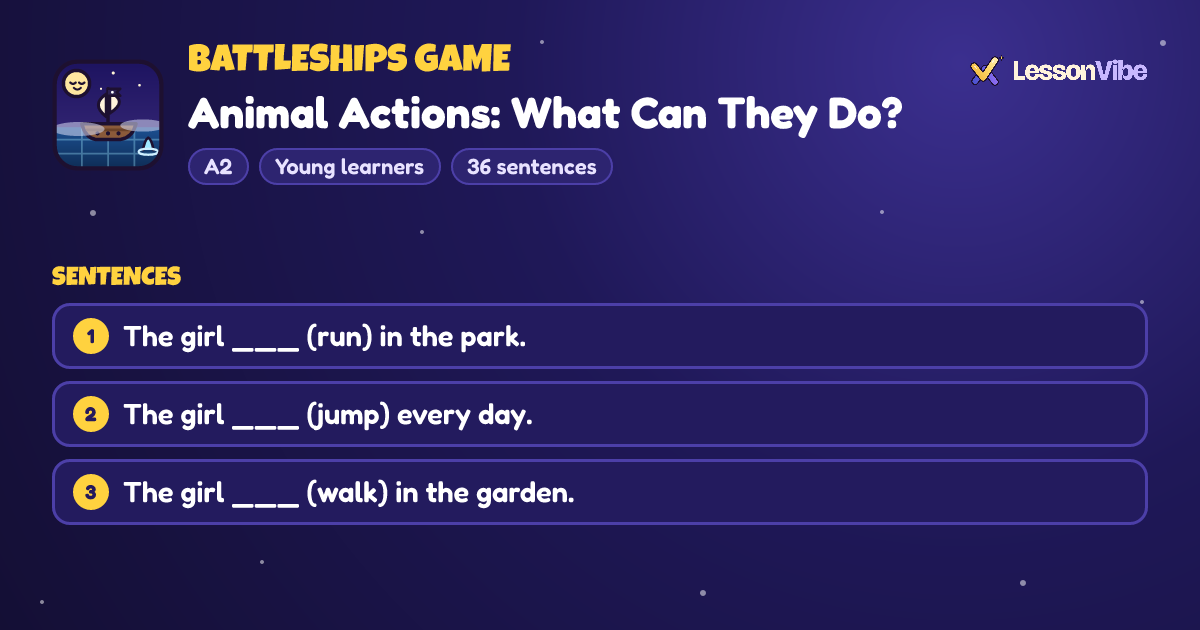 Battleships Game: Animal Actions: What Can They Do? (A2, Young learners, 36 sentences)