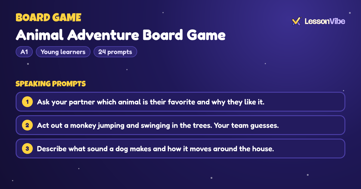 Board Game: Animal Adventure Board Game (A1, Young learners, 24 prompts)