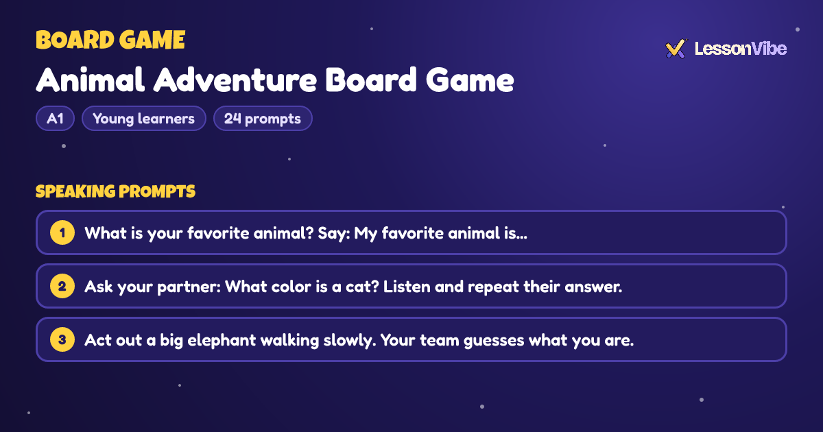 Board Game: Animal Adventure Board Game (A1, Young learners, 24 prompts)