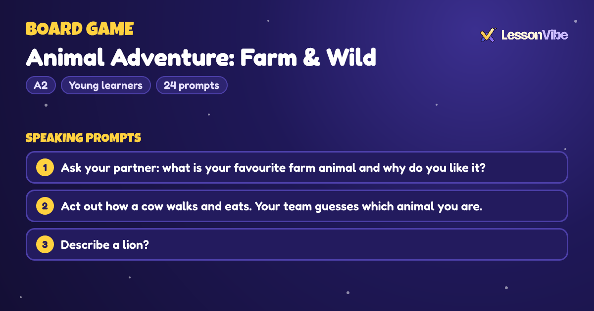 Board Game: Animal Adventure: Farm & Wild (A2, Young learners, 24 prompts)