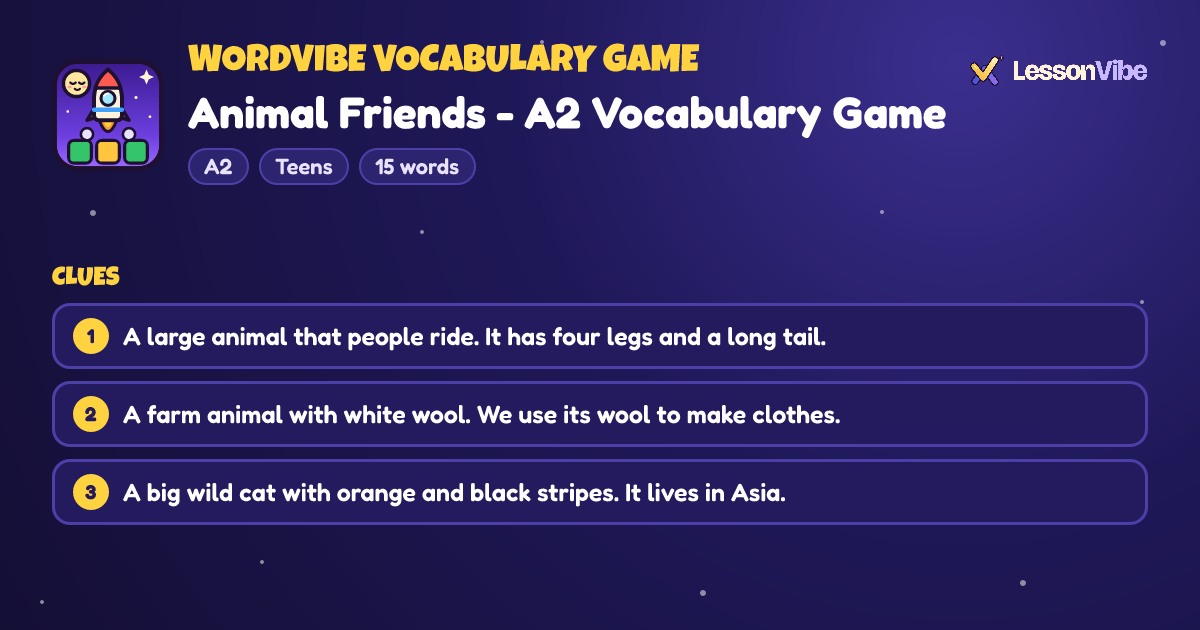 WordVibe Vocabulary Game: Animal Friends - A2 Vocabulary Game (A2, Teens, 15 words)