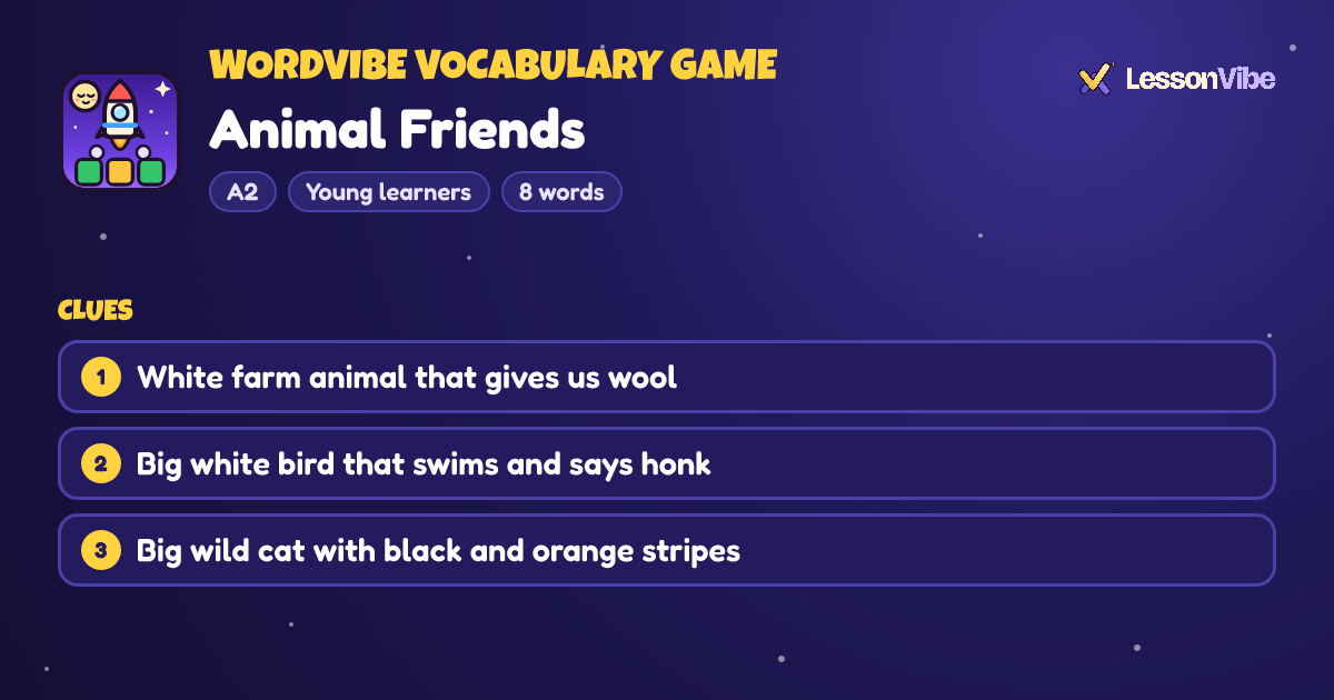 WordVibe Vocabulary Game: Animal Friends (A2, Young learners, 8 words)
