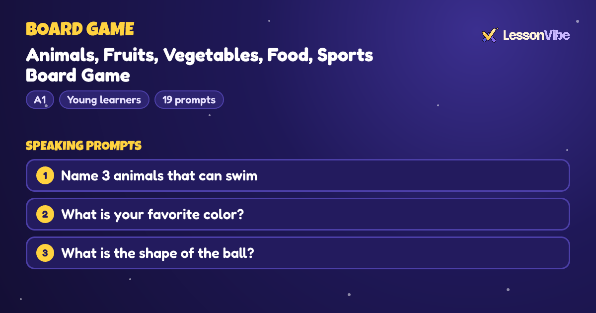 Board Game: Animals, Fruits, Vegetables, Food, Sports Board Game (A1, Young learners, 19 prompts)