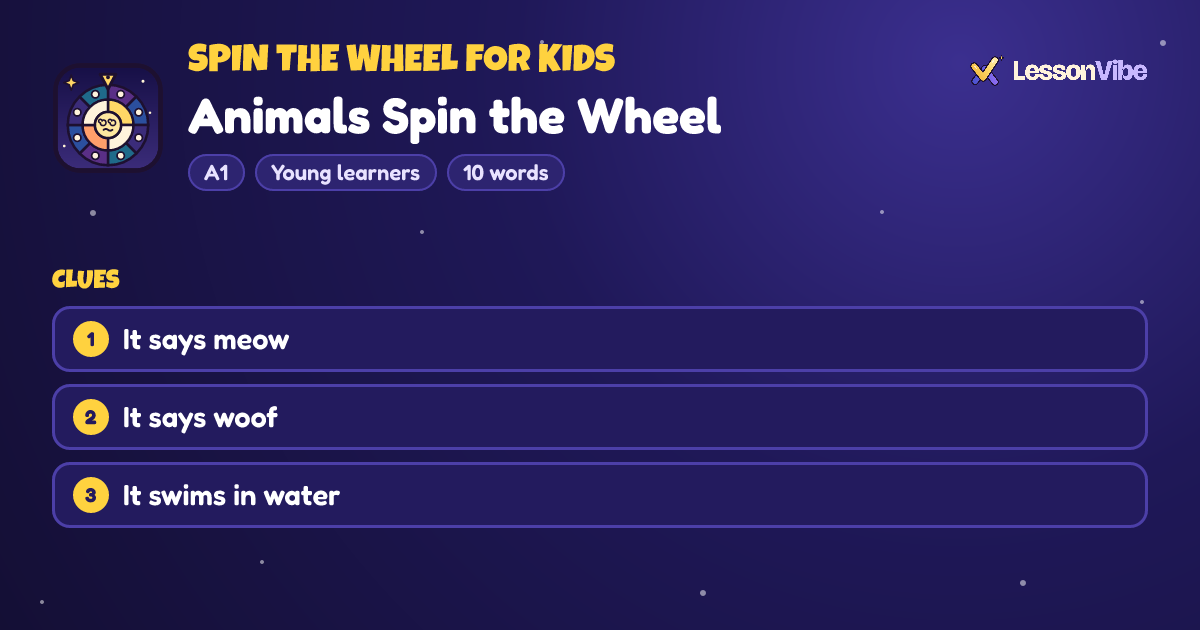 Spin the Wheel for Kids: Animals Spin the Wheel (A1, Young learners, 10 words)