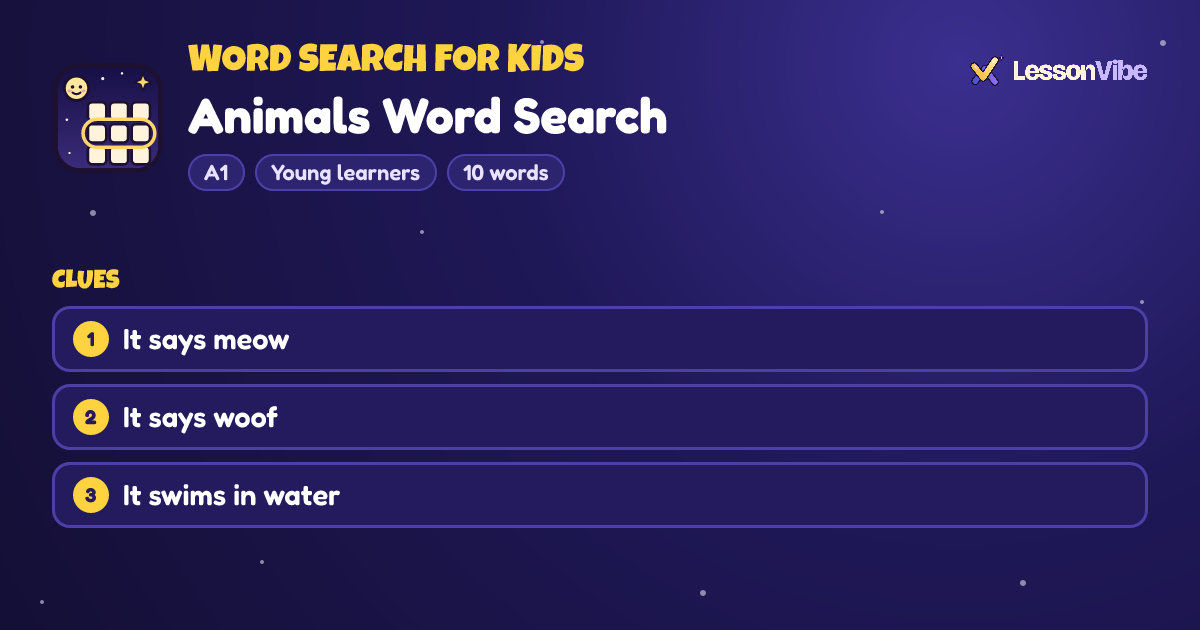 Word Search for Kids: Animals Word Search (A1, Young learners, 10 words)