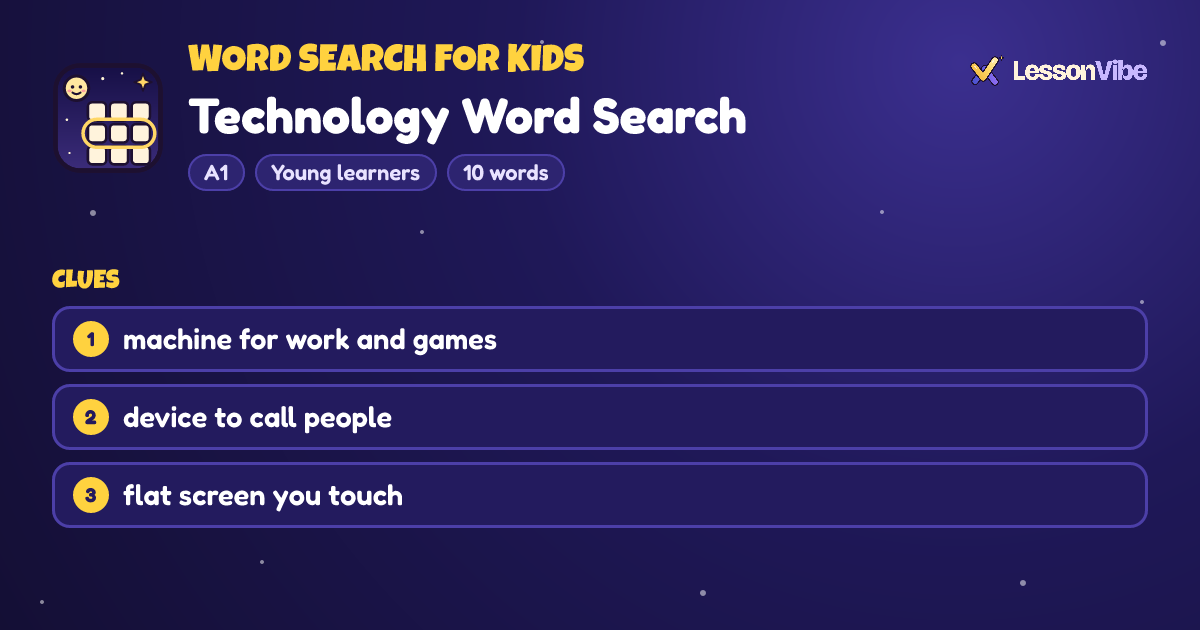 Word Search for Kids: Technology Word Search (A1, Young learners, 10 words)