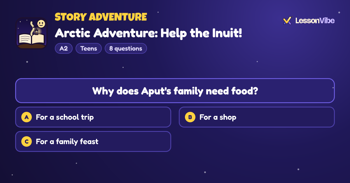 Story Adventure: Arctic Adventure: Help the Inuit! (A2, Teens, 8 questions)
