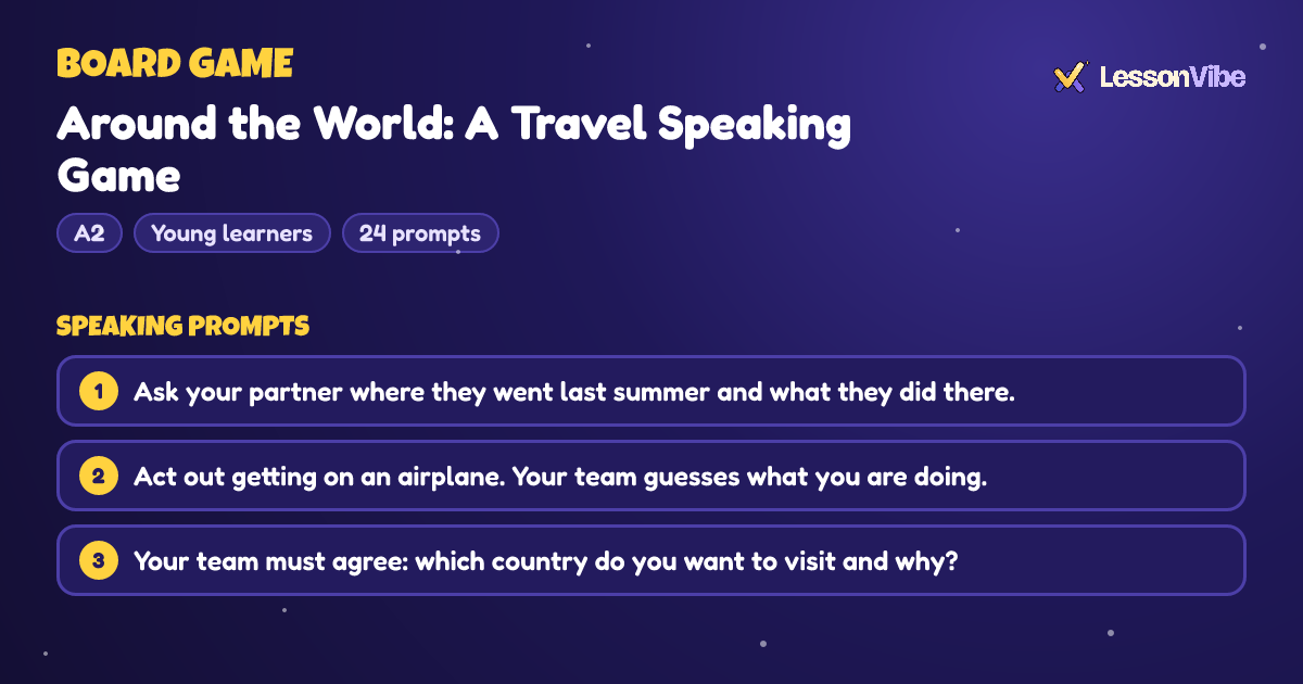 Board Game: Around the World: A Travel Speaking Game (A2, Young learners, 24 prompts)