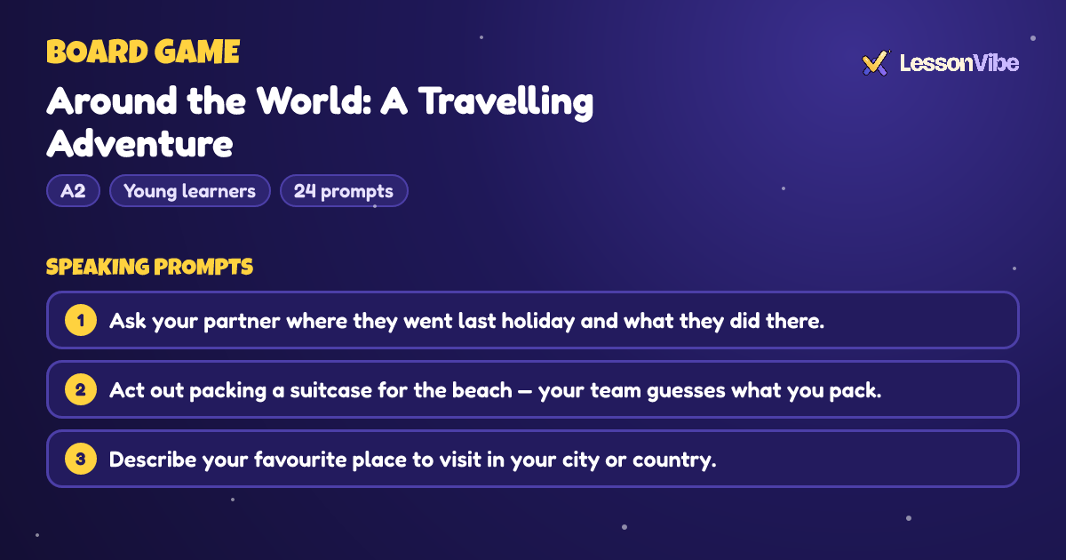 Board Game: Around the World: A Travelling Adventure (A2, Young learners, 24 prompts)