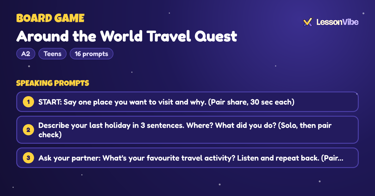 Board Game: Around the World Travel Quest (A2, Teens, 16 prompts)