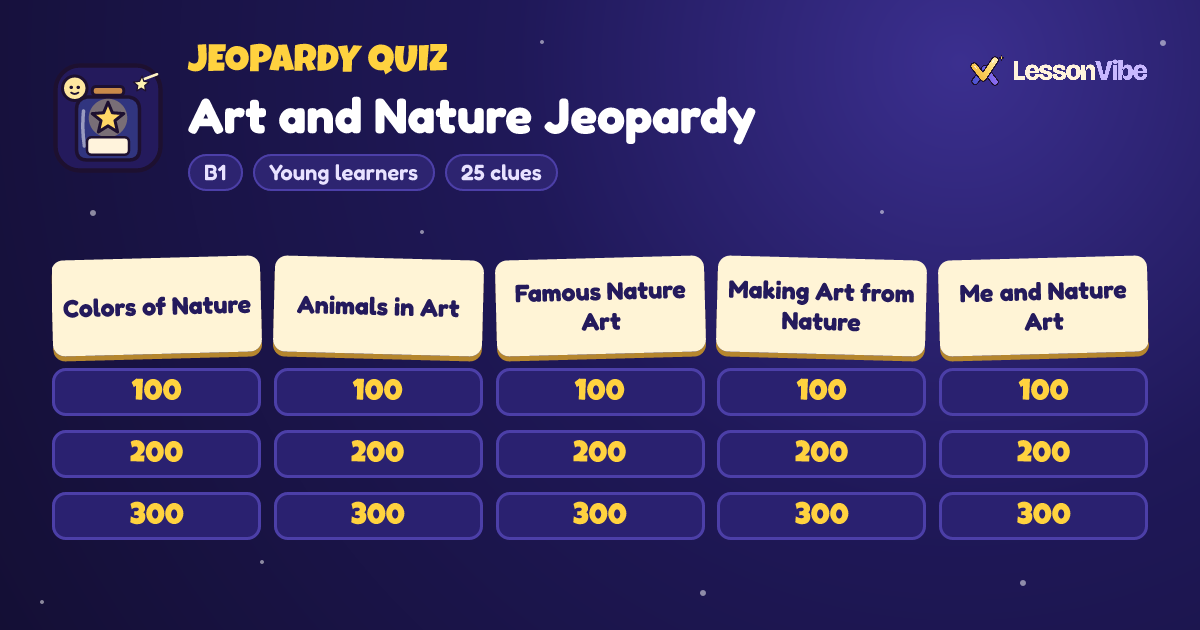 Jeopardy Quiz: Art and Nature Jeopardy (B1, Young learners, 25 clues)