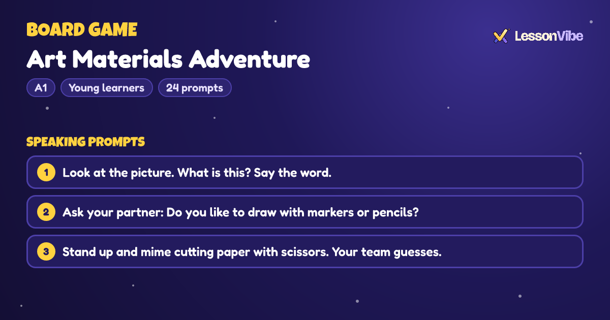 Board Game: Art Materials Adventure (A1, Young learners, 24 prompts)