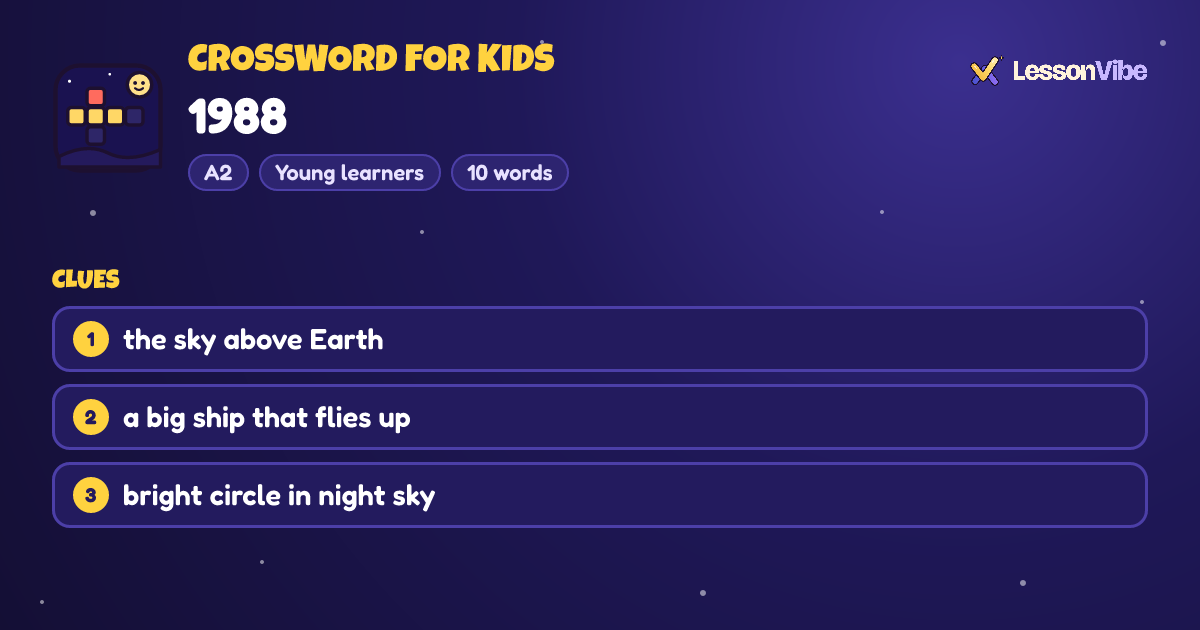 Crossword for Kids: 1988 (A2, Young learners, 10 words)