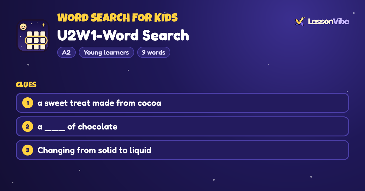 Word Search for Kids: U2W1-Word Search (A2, Young learners, 9 words)