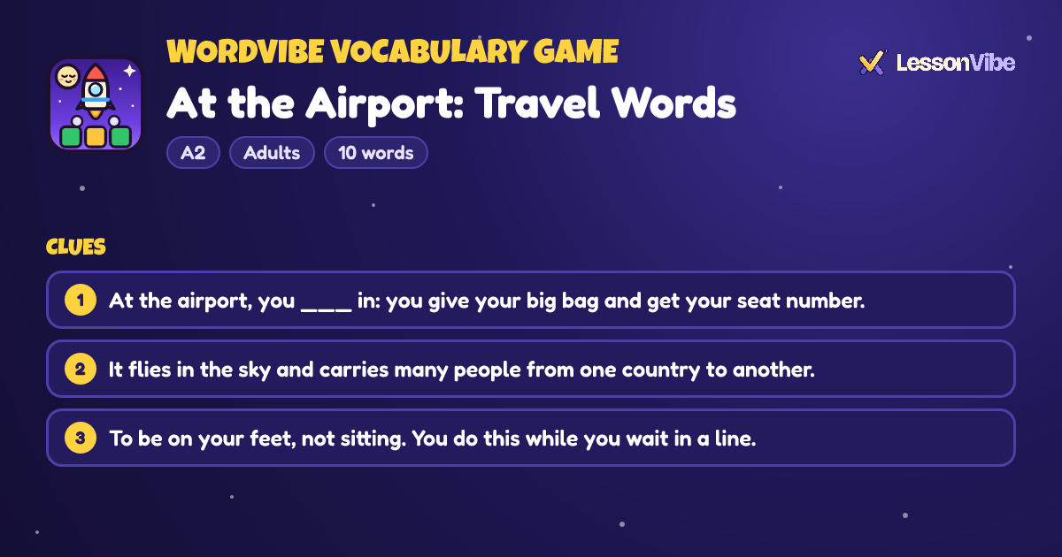 WordVibe Vocabulary Game: At the Airport: Travel Words (A2, Adults, 10 words)