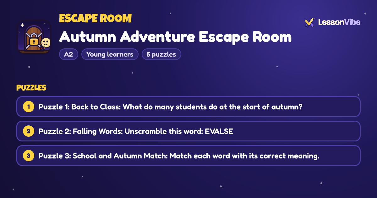 Escape Room: Autumn Adventure Escape Room (A2, Young learners, 5 puzzles)