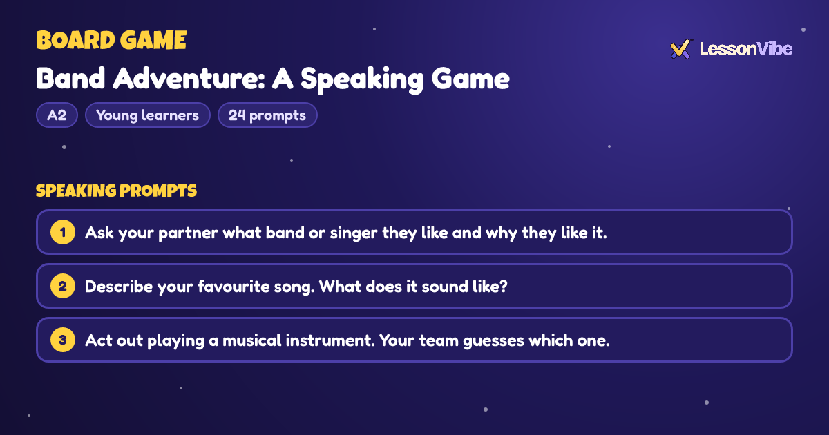 Board Game: Band Adventure: A Speaking Game (A2, Young learners, 24 prompts)