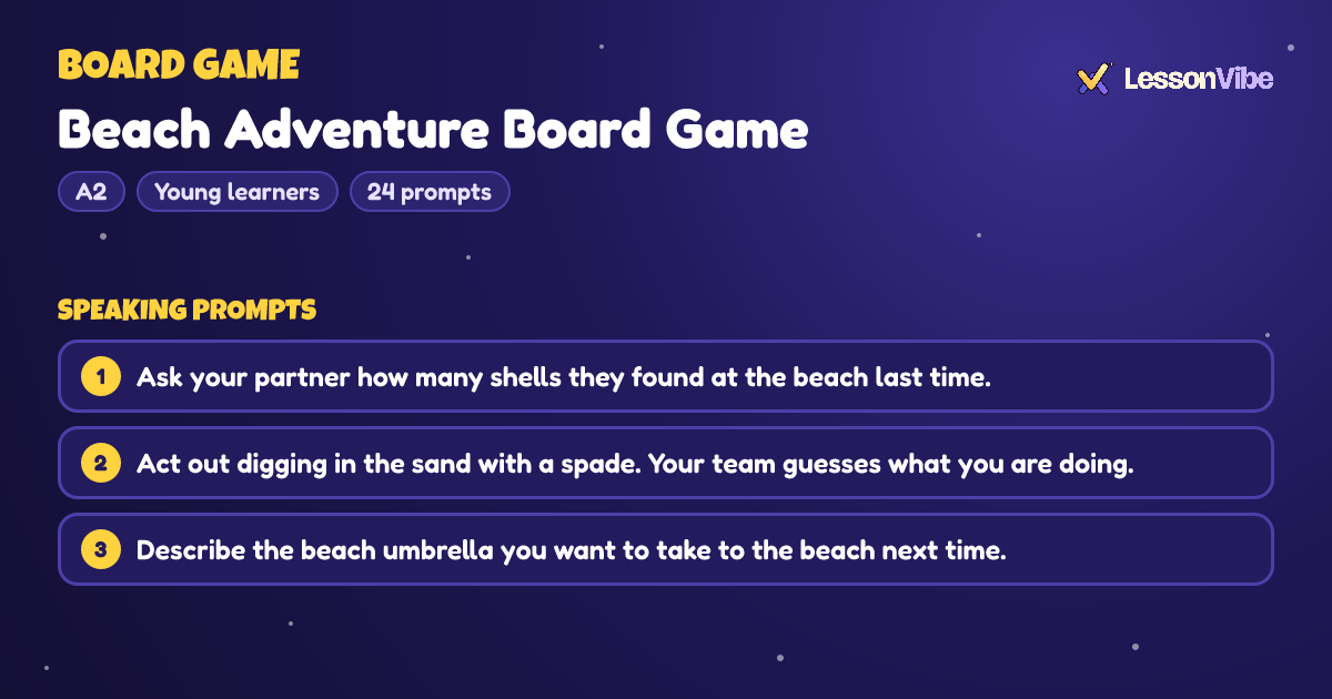 Board Game: Beach Adventure Board Game (A2, Young learners, 24 prompts)