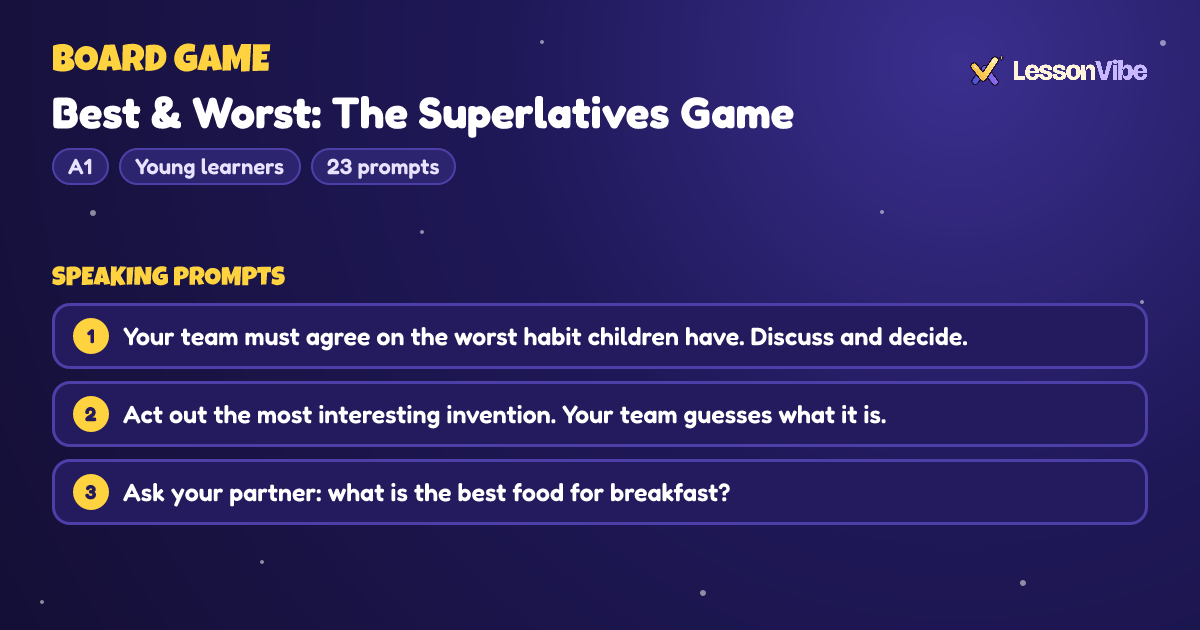 Board Game: Best & Worst: The Superlatives Game (A1, Young learners, 23 prompts)