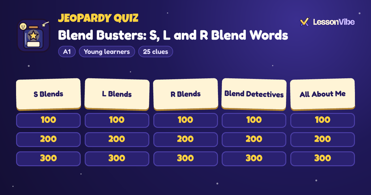 Jeopardy Quiz: Blend Busters: S, L and R Blend Words (A1, Young learners, 25 clues)