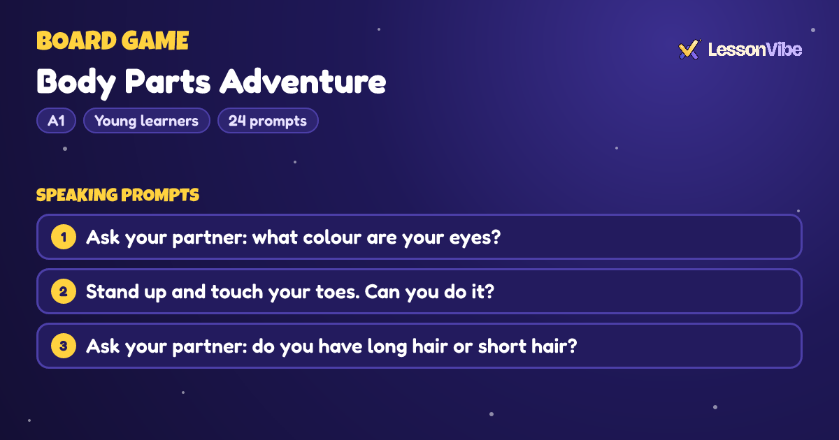 Board Game: Body Parts Adventure (A1, Young learners, 24 prompts)