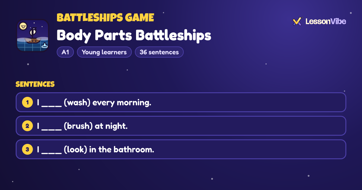 Battleships Game: Body Parts Battleships (A1, Young learners, 36 sentences)