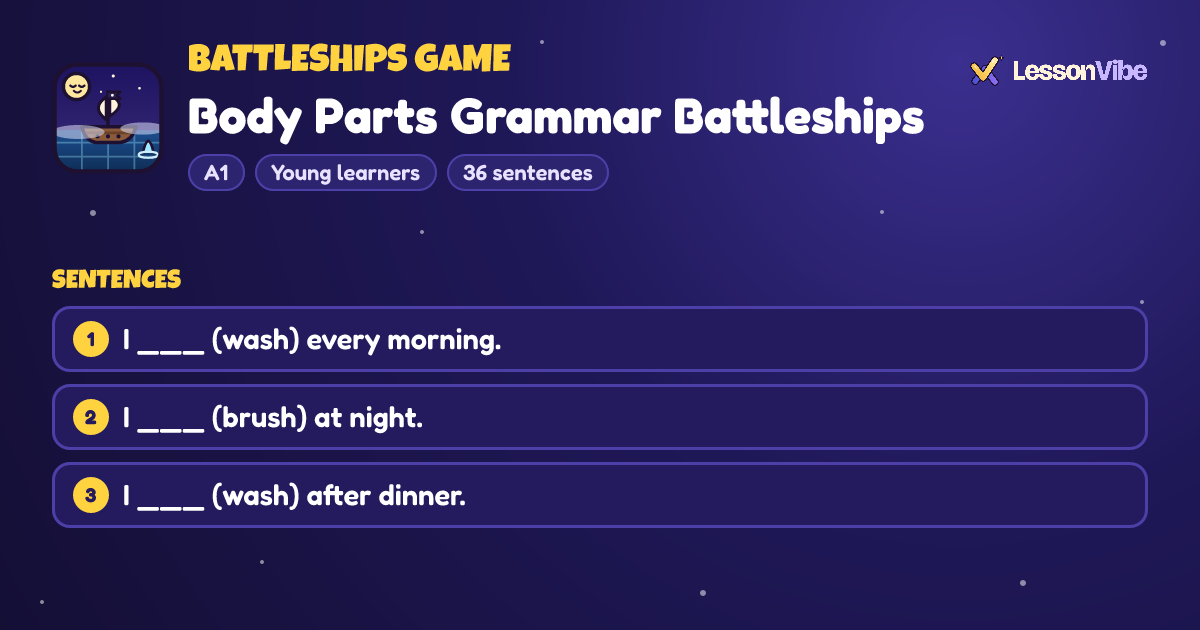 Battleships Game: Body Parts Grammar Battleships (A1, Young learners, 36 sentences)