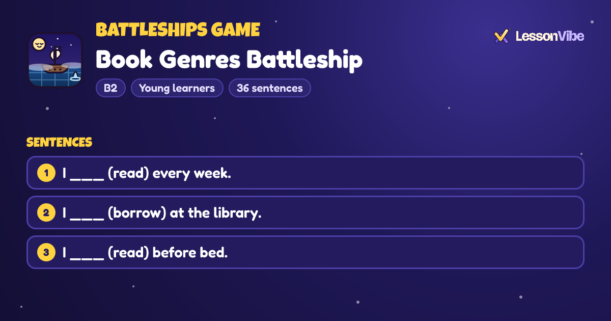 Battleships Game: Book Genres Battleship (B2, Young learners, 36 sentences)