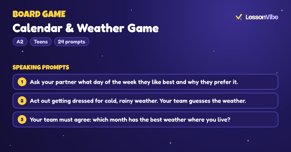 Board Game: Calendar & Weather Game (A2, Teens, 24 prompts)