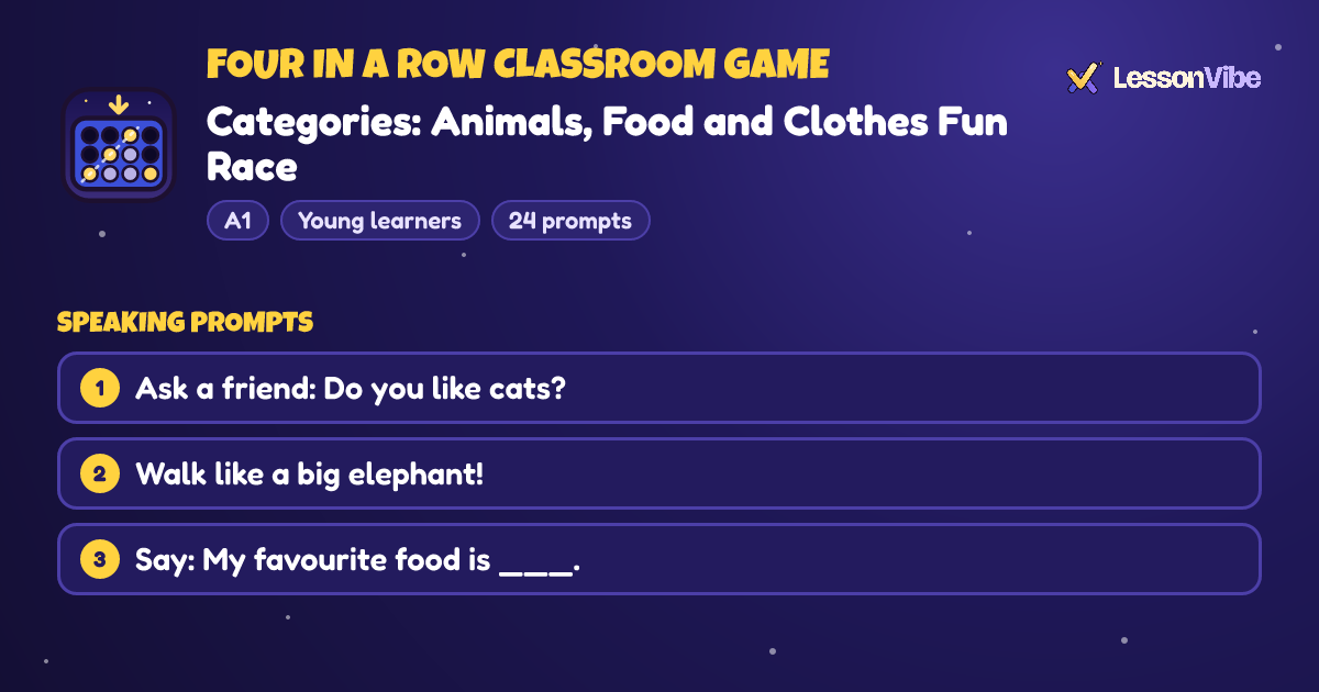 Four in a Row Classroom Game: Categories: Animals, Food and Clothes Fun Race (A1, Young learners, 24 prompts)