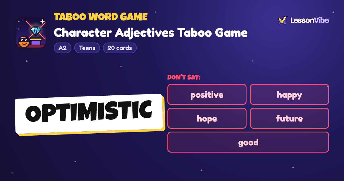 Taboo Word Game: Character Adjectives Taboo Game (A2, Teens, 20 cards)