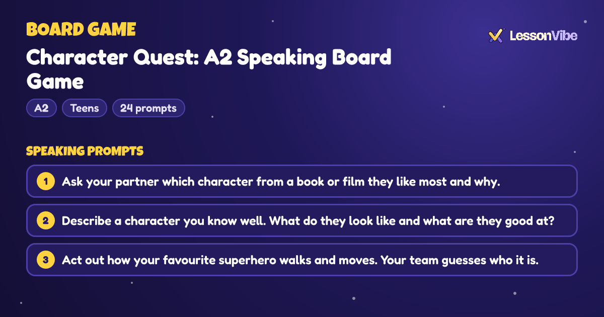 Board Game: Character Quest: A2 Speaking Board Game (A2, Teens, 24 prompts)