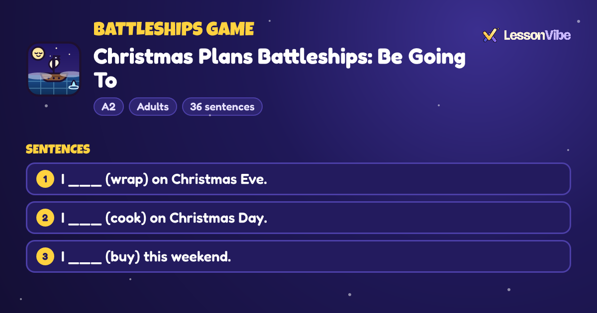 Battleships Game: Christmas Plans Battleships: Be Going To (A2, Adults, 36 sentences)