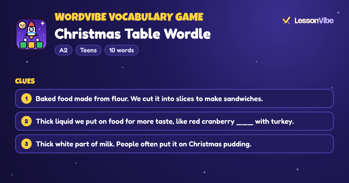 WordVibe Vocabulary Game: Christmas Table Wordle (A2, Teens, 10 words)
