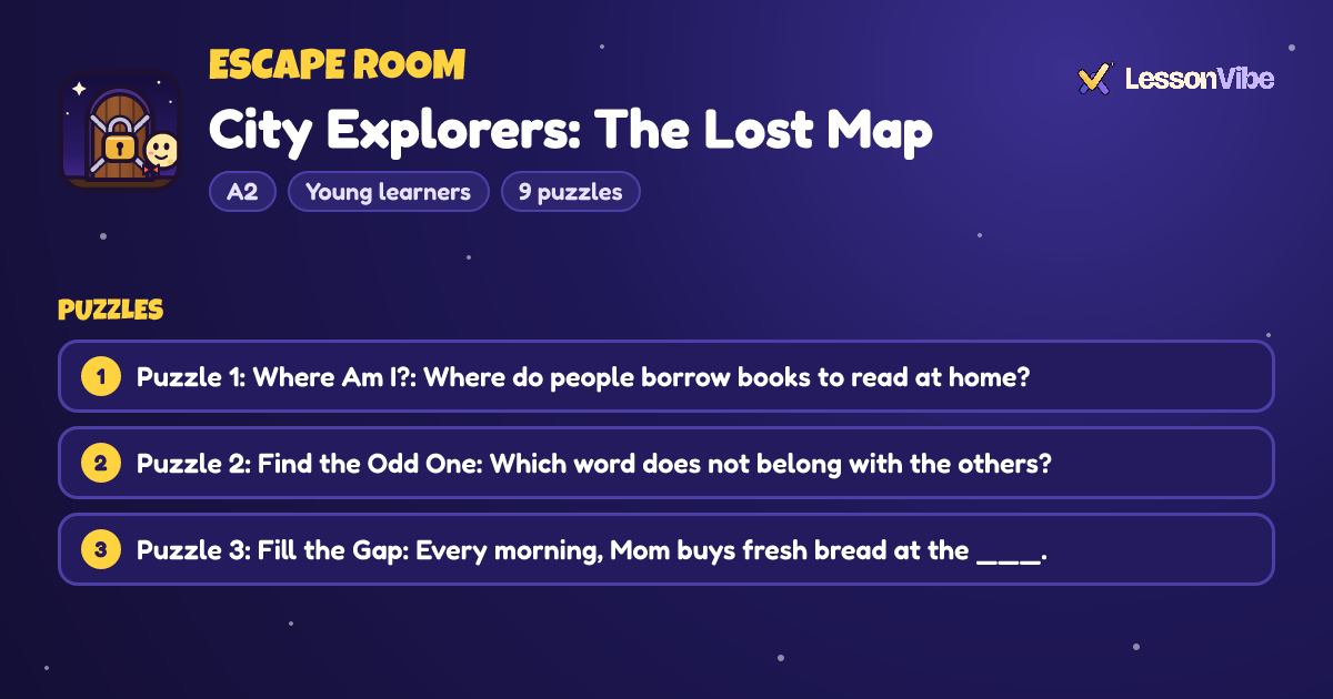 Escape Room: City Explorers: The Lost Map (A2, Young learners, 9 puzzles)