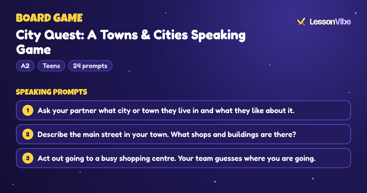 Board Game: City Quest: A Towns & Cities Speaking Game (A2, Teens, 24 prompts)