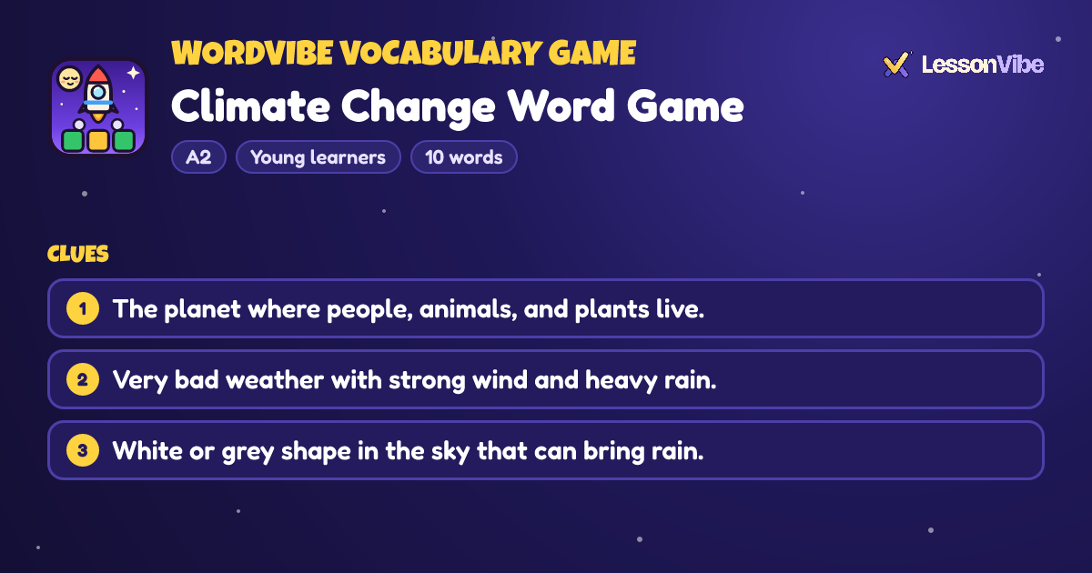 WordVibe Vocabulary Game: Climate Change Word Game (A2, Young learners, 10 words)