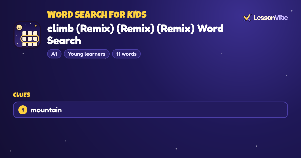 Word Search for Kids: climb (Remix) (Remix) (Remix) Word Search (A1, Young learners, 11 words)