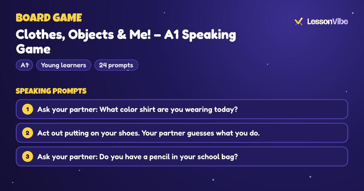 Board Game: Clothes, Objects & Me! – A1 Speaking Game (A1, Young learners, 24 prompts)